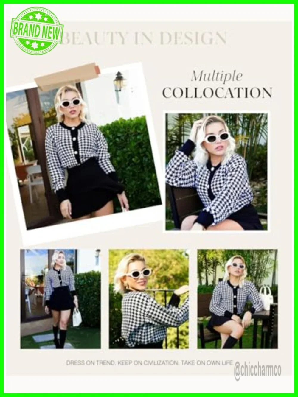 V Neck Button Down Long Sleeve Plaid Knit Cardigan Sweater